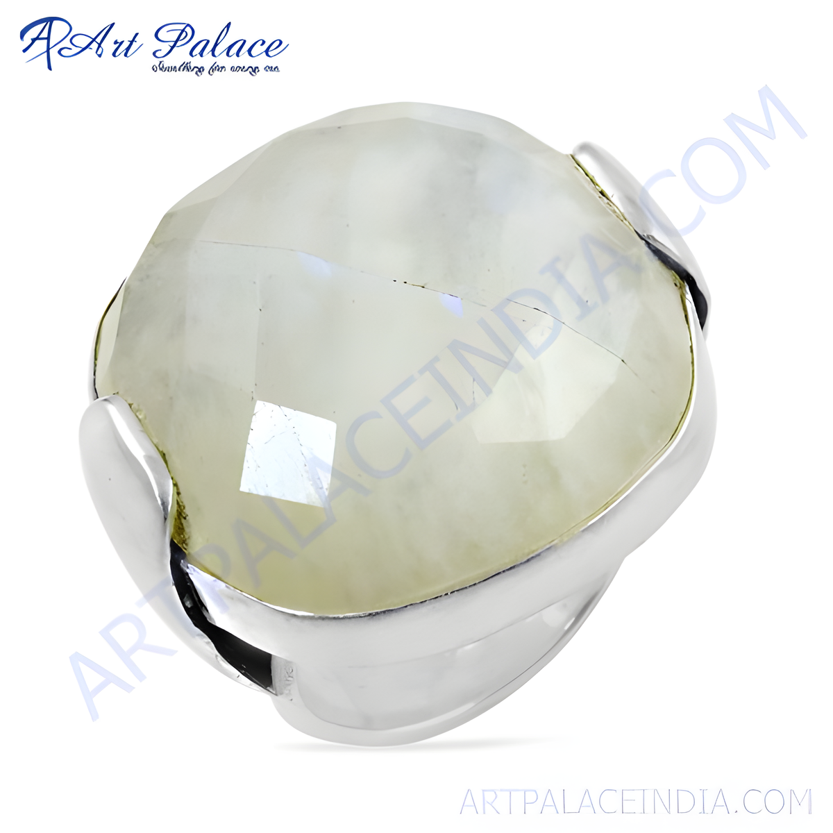 Sterling silver moonstone ring with a faceted, iridescent gemstone center