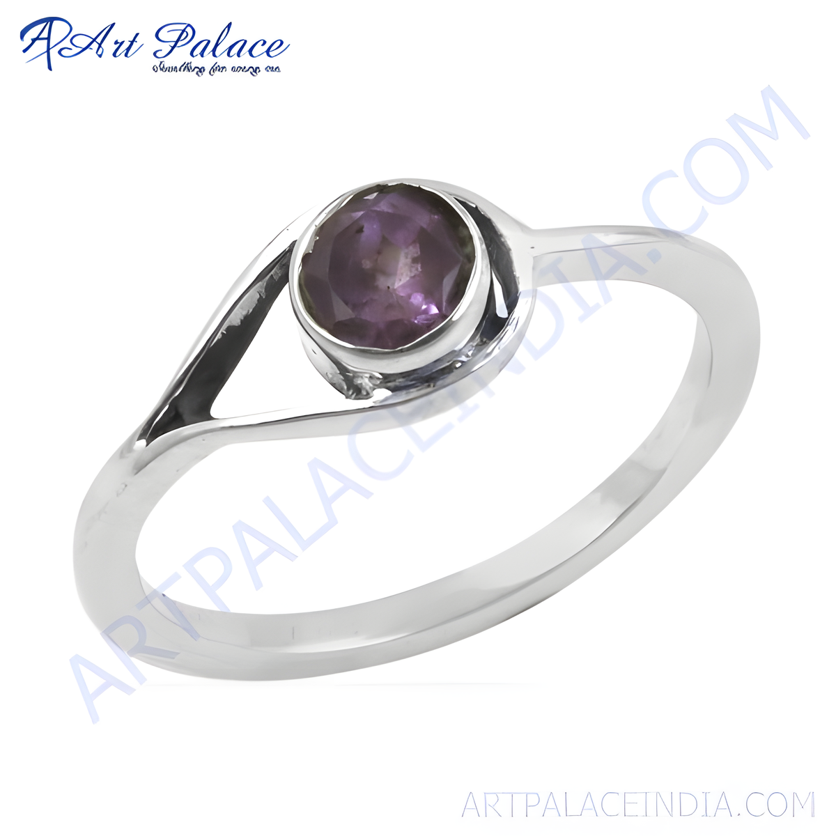 Sterling silver ring with a round purple amethyst gemstone