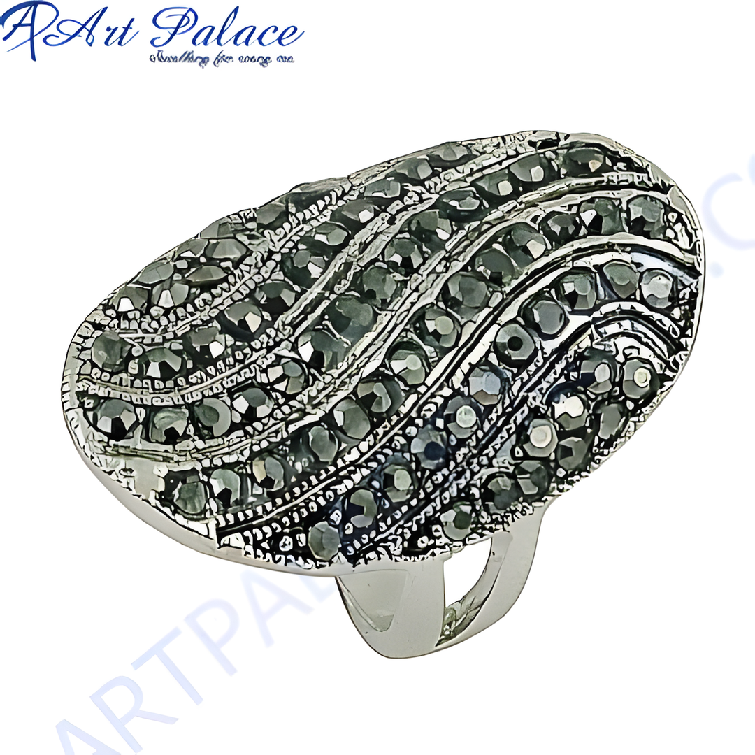 Silver oval ring with marcasite stones, elegant statement jewelry, sparkling gemstone accessory