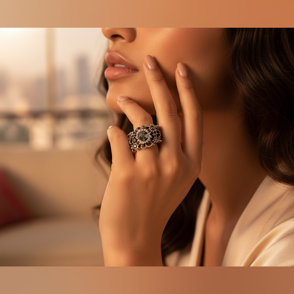 Silver Filigree Ring with Black Stone - Statement Jewelry