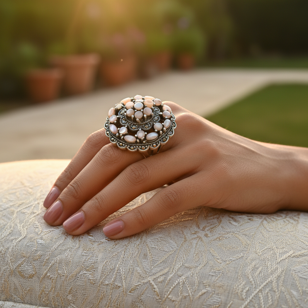 Silver Cocktail Ring with Mother of Pearl & Marcasite | Women's Ring