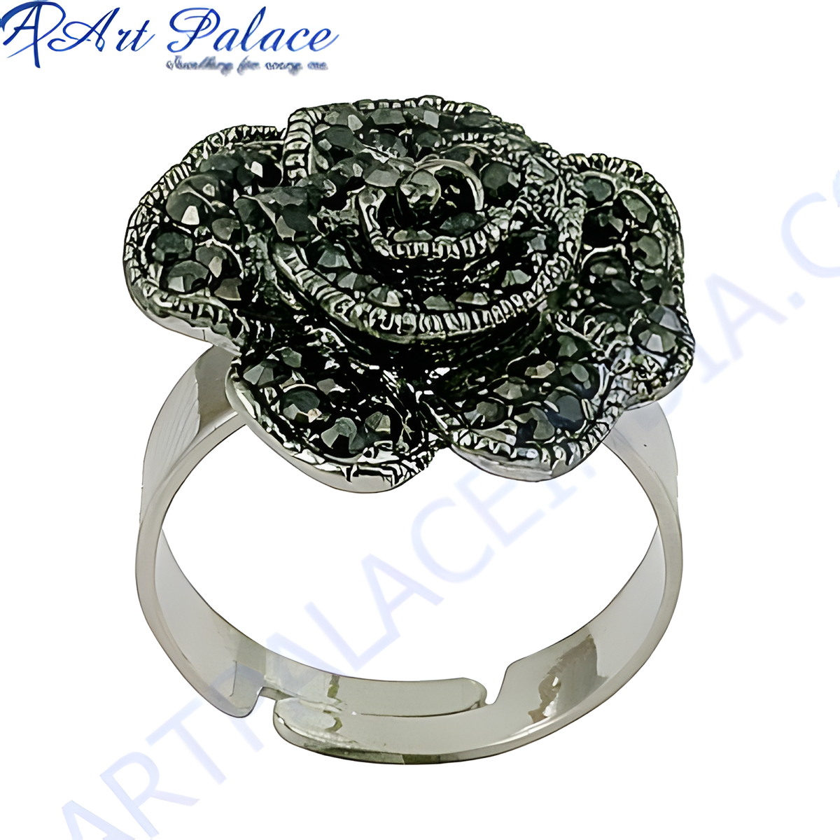 Black crystal rose adjustable ring, silver flower ring, elegant women's jewelry