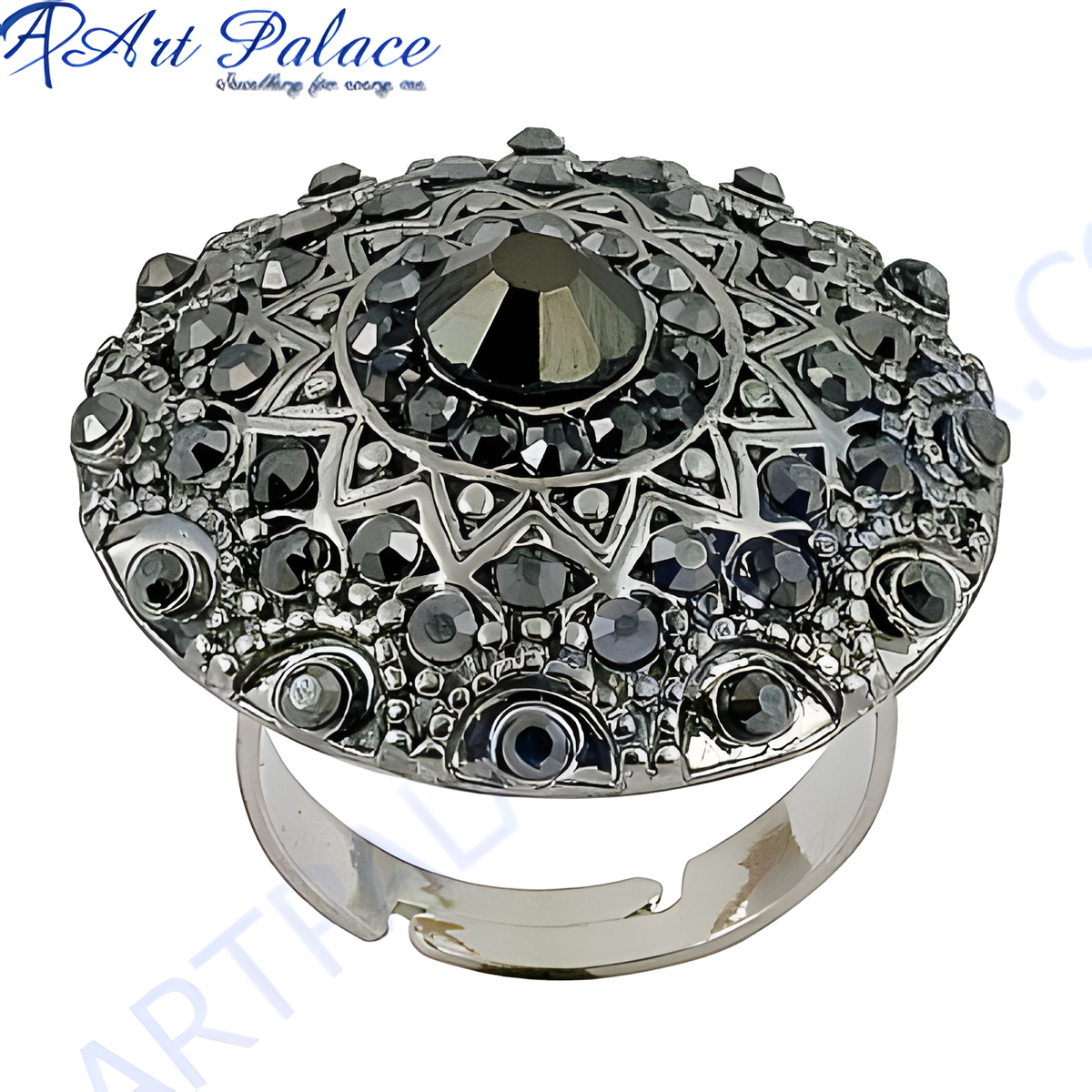 Silver adjustable cocktail ring with black gemstones