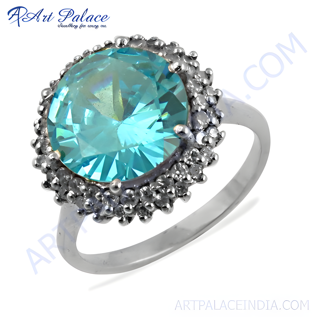 Silver halo ring featuring a large, brilliant cut aquamarine gemstone surrounded by smaller accent stones