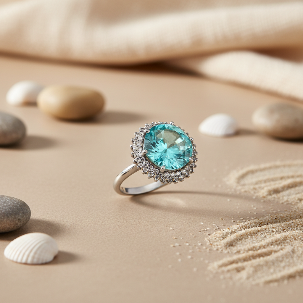 Silver Aquamarine Halo Ring for Women | Gemstone Jewelry
