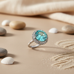 Load image into Gallery viewer, Silver Aquamarine Halo Ring for Women | Gemstone Jewelry
