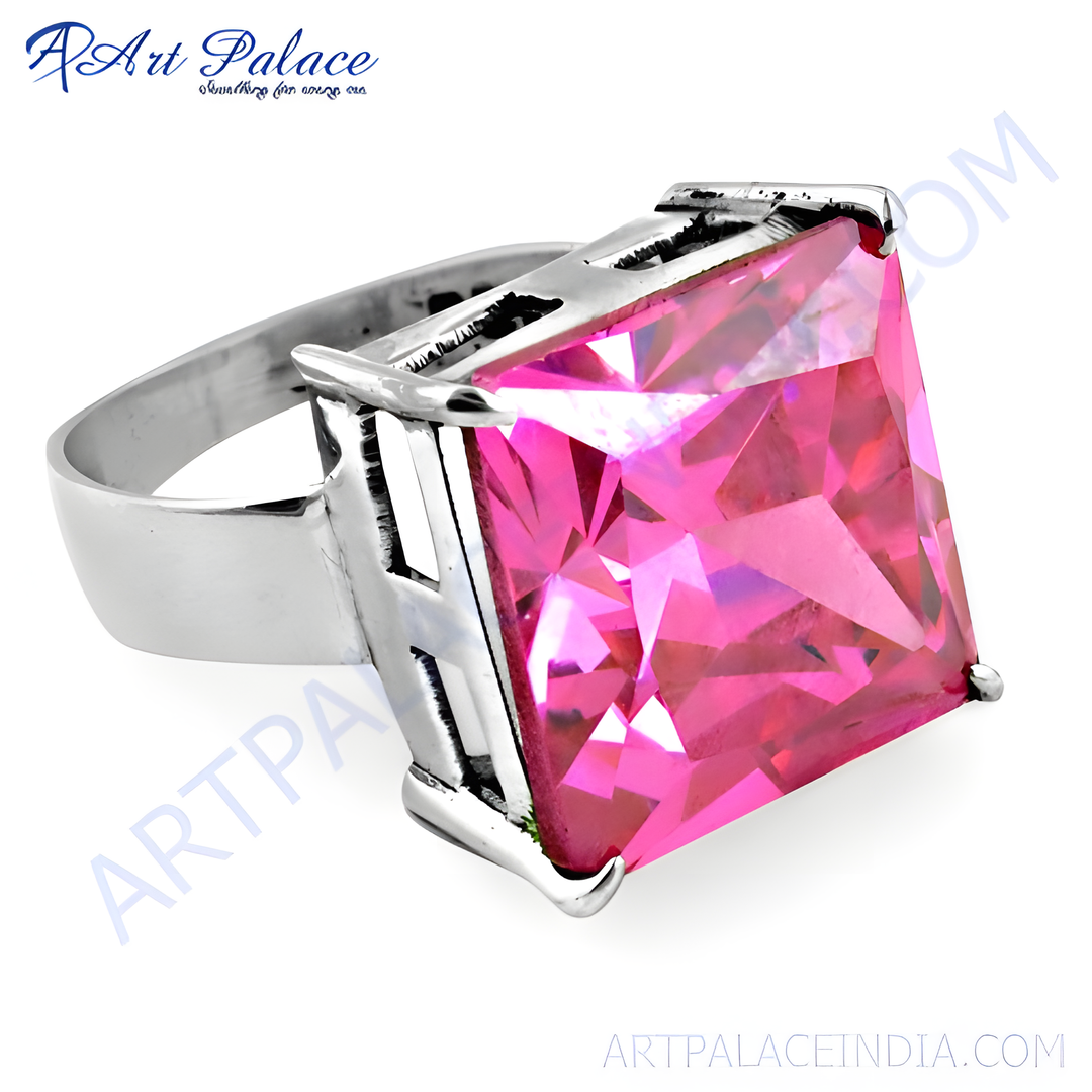 Silver ring with a large, square-cut pink gemstone for women.