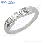 Load image into Gallery viewer, Silver three-stone ring with sparkling gemstones, perfect for women
