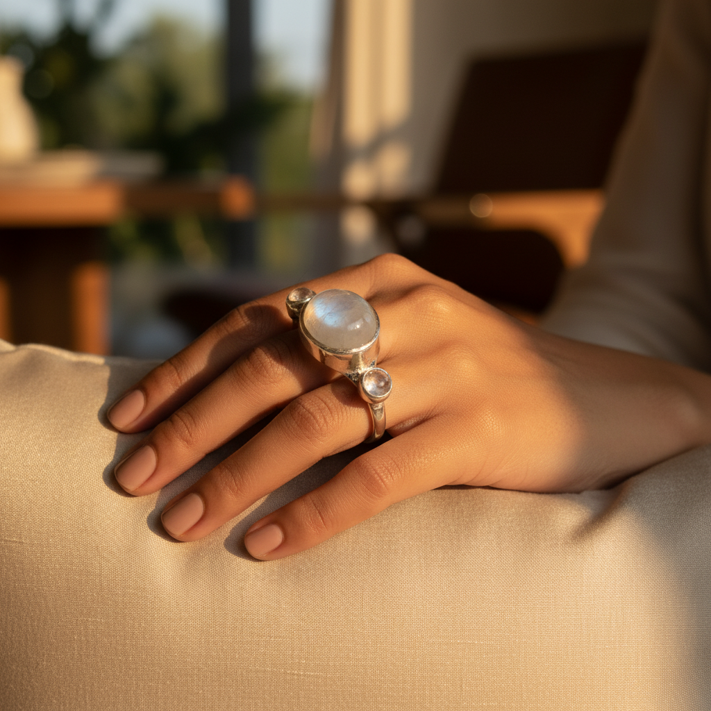 Silver Oval Pearl Ring with Green Stones | Women's Ring