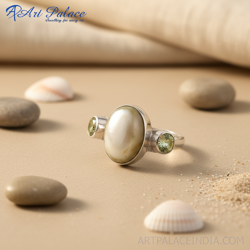 Silver Oval Pearl Ring with Green Stones | Women's Ring
