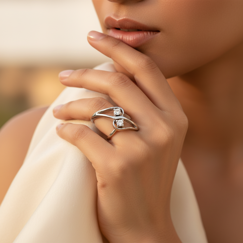 Silver Two Stone Diamond Ring | Engagement Ring | Gift