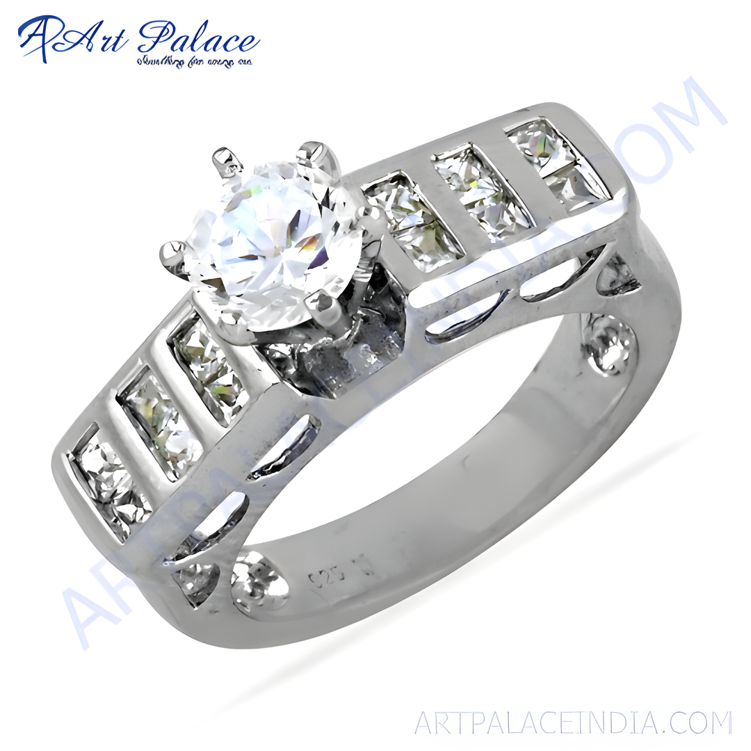 925 sterling silver ring with a large, round cubic zirconia center stone and sparkling accents.