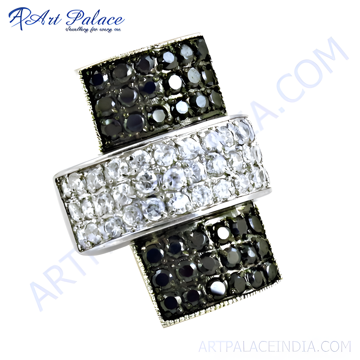 Silver ring with alternating rows of black and white gemstones, a modern and stylish design