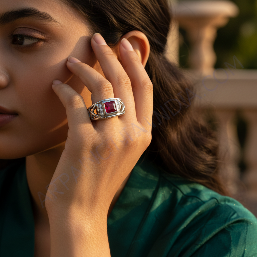 Silver Ruby Ring for Men | Square Stone Ring | Gift