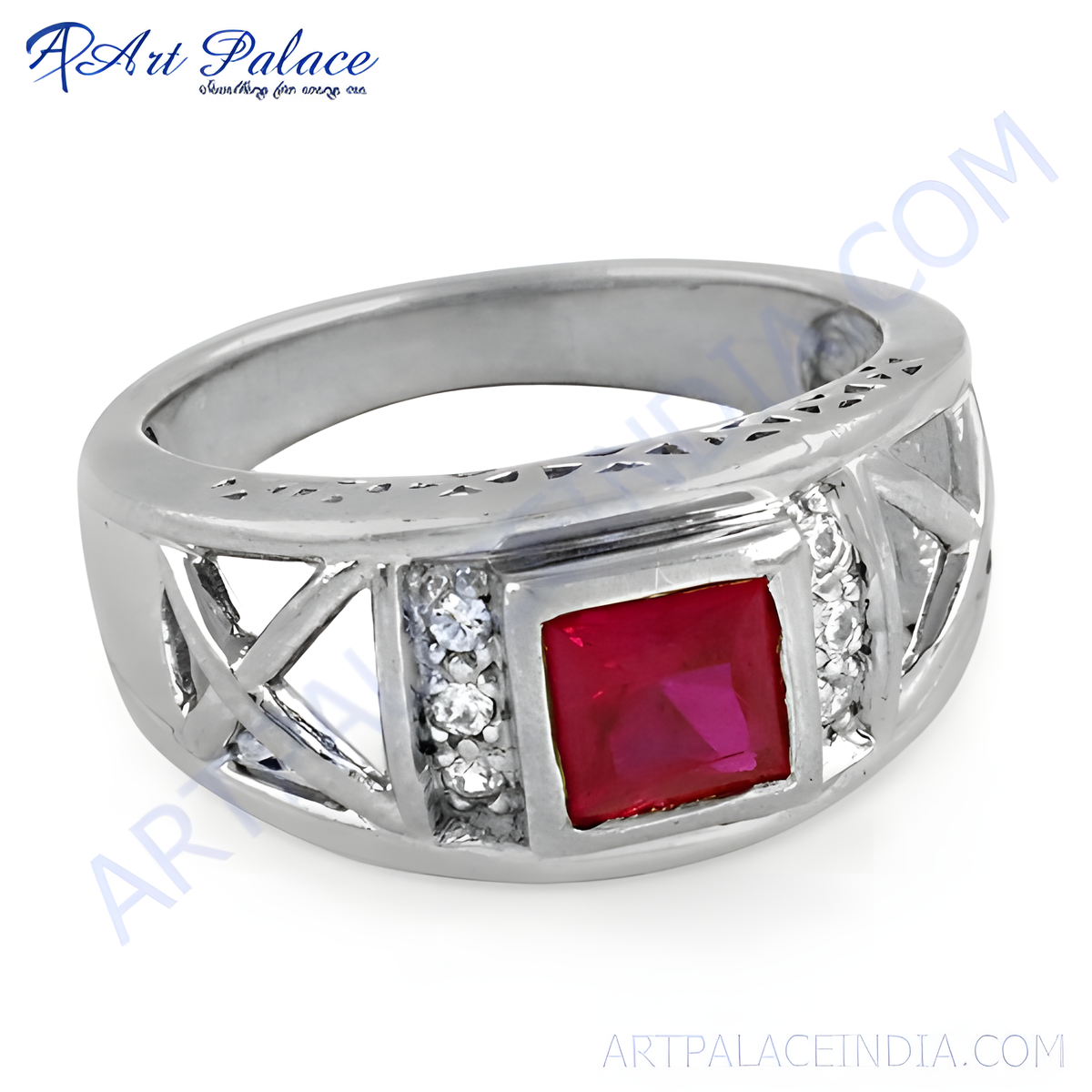 Sterling silver men's ring with a large square ruby gemstone and a detailed band design