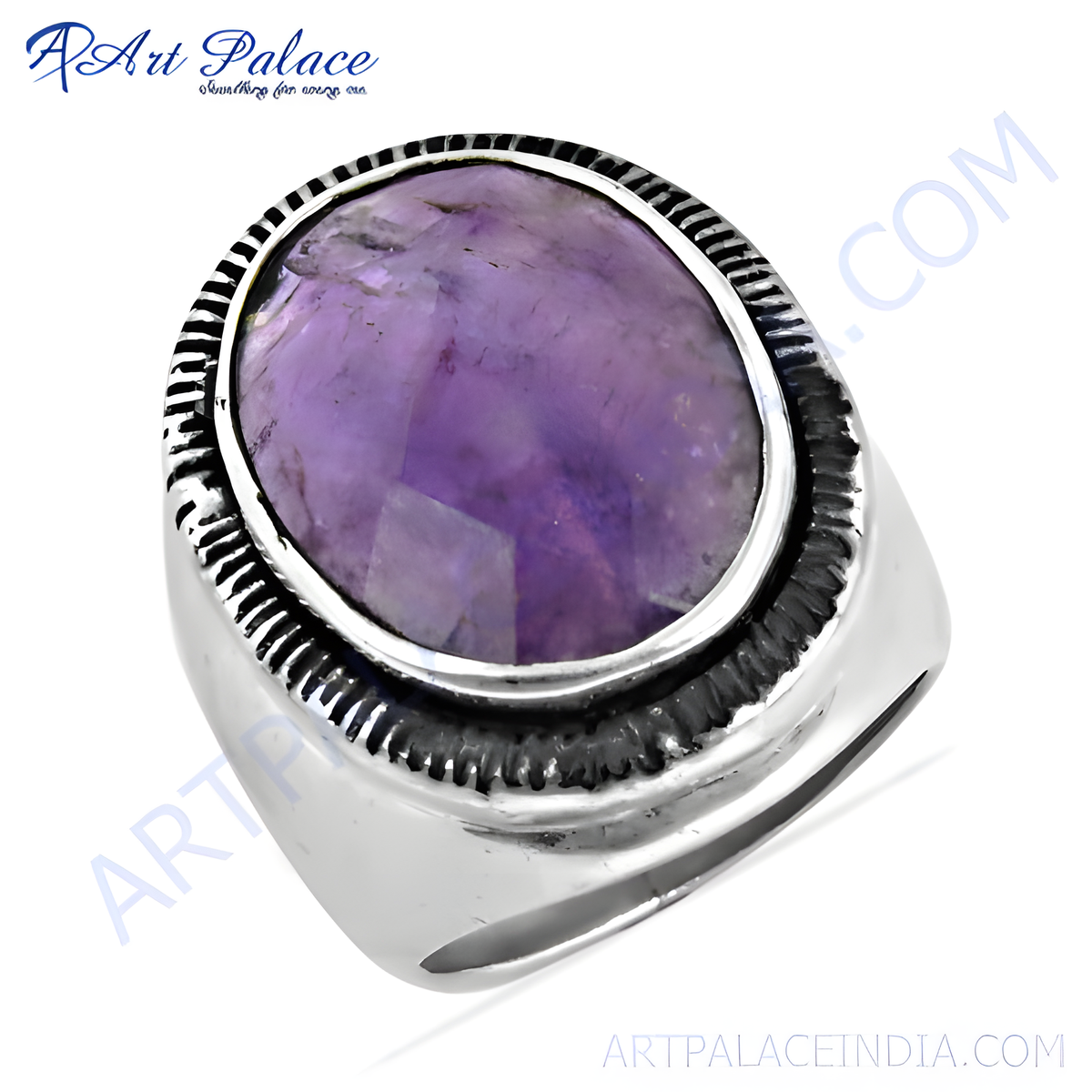 Sterling silver ring with a large, oval cut amethyst gemstone