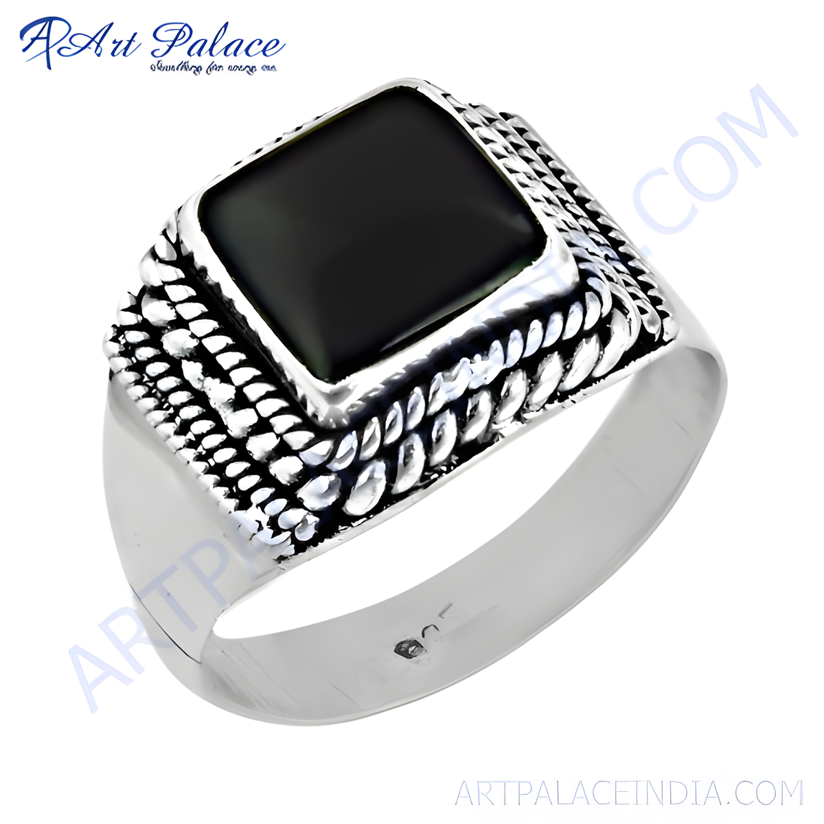 Sterling silver men's signet ring with a large square black onyx stone