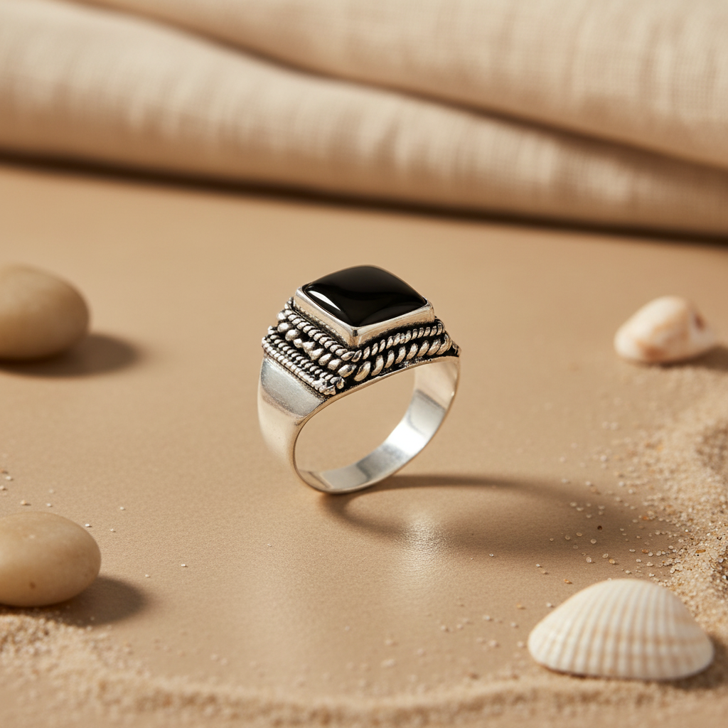 925 Sterling Silver Onyx Ring for Men | Square Stone Jewelry