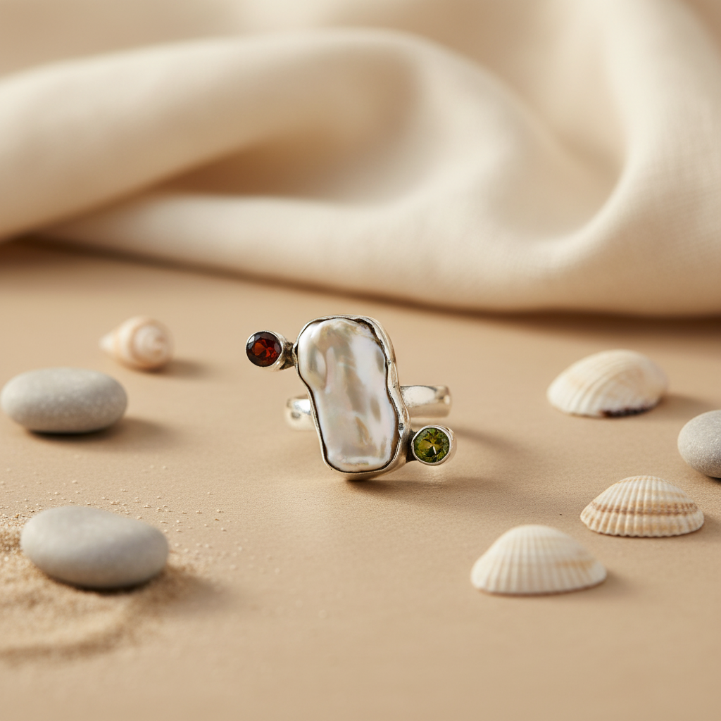 Silver Pearl Garnet Peridot Ring for Women | Statement Jewelry