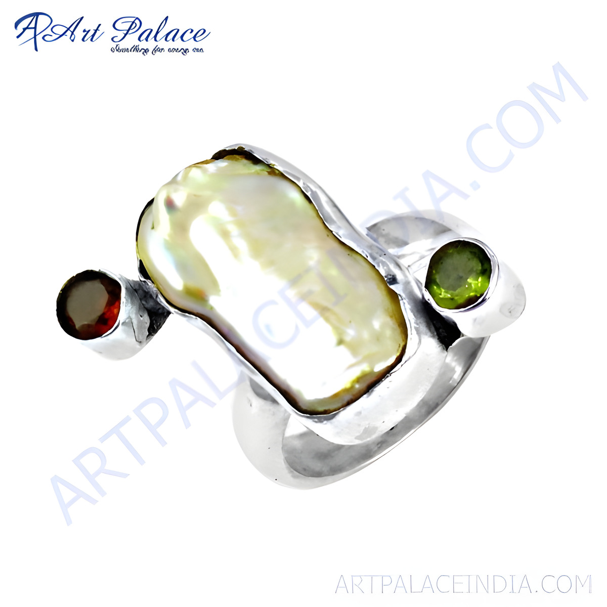 Sterling silver statement ring with large pearl, garnet, and peridot gemstones