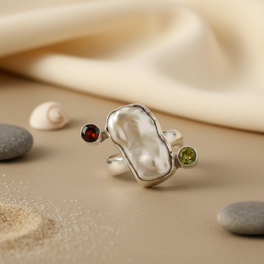 Silver Pearl Garnet Peridot Ring for Women | Statement Jewelry