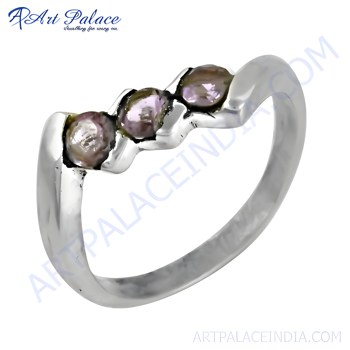 925 sterling silver ring with three oval cut amethyst gemstones for women