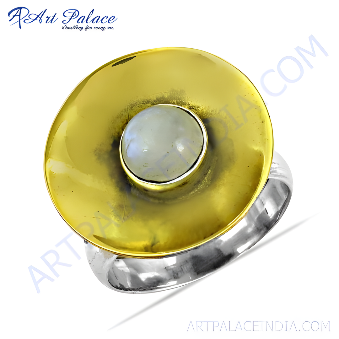 gold plating and silver statement ring with a large, round moonstone gemstone center, elegant jewelry.