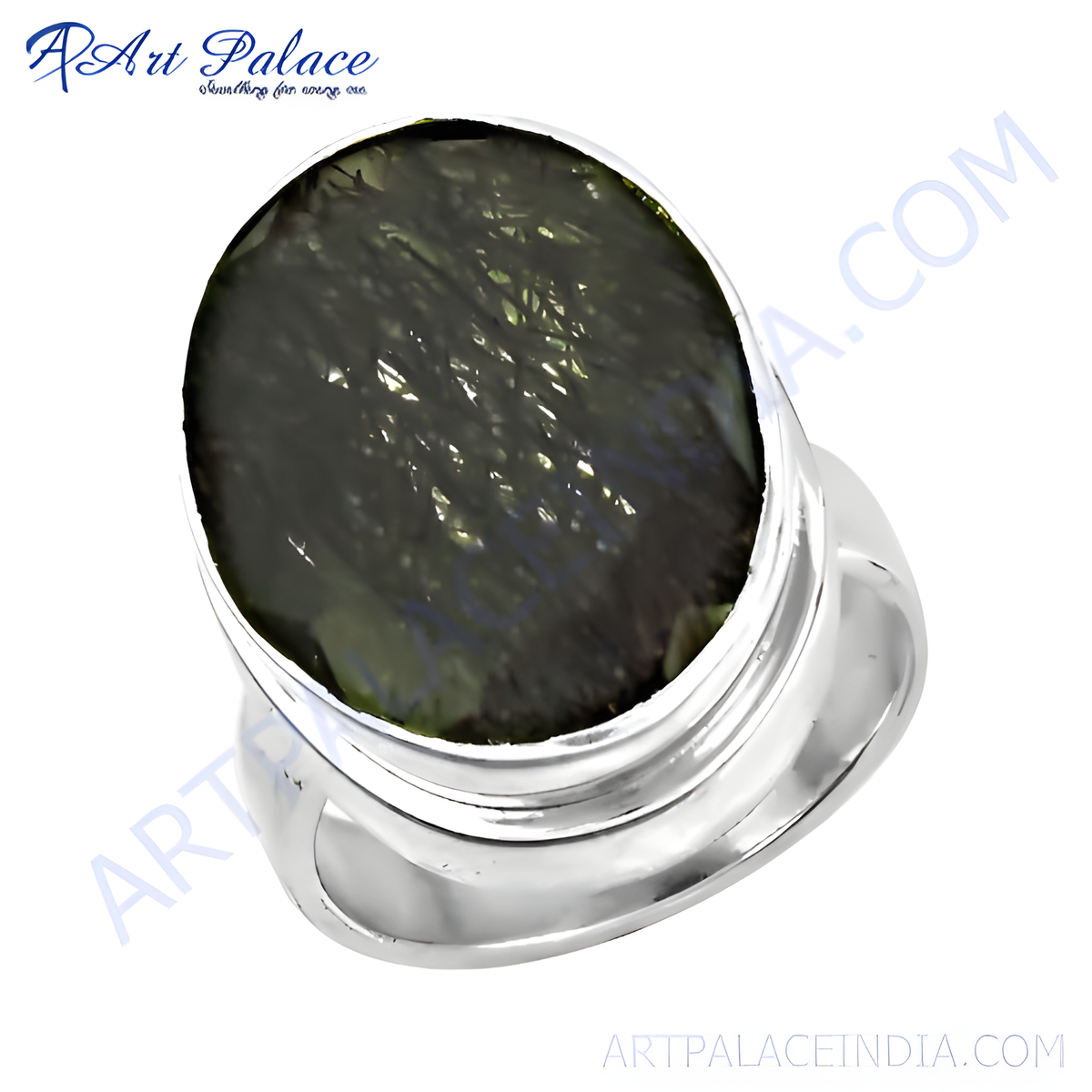 Sterling silver ring with a large oval cut green gemstone, perfect for women