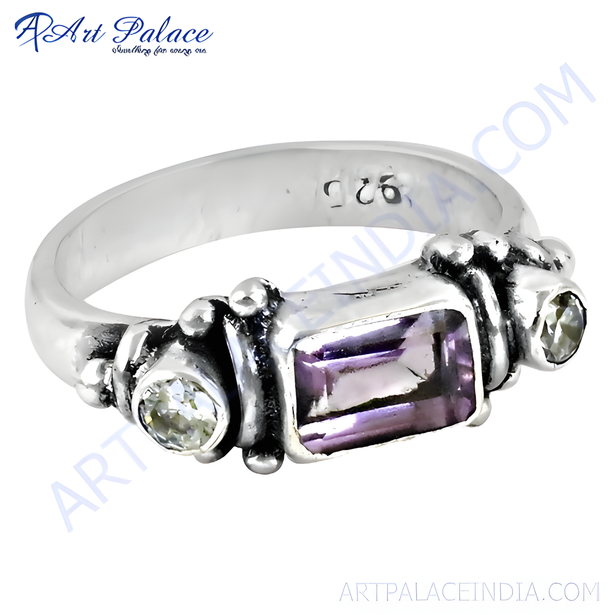 925 sterling silver ring with a rectangular purple amethyst and two round accent gemstones