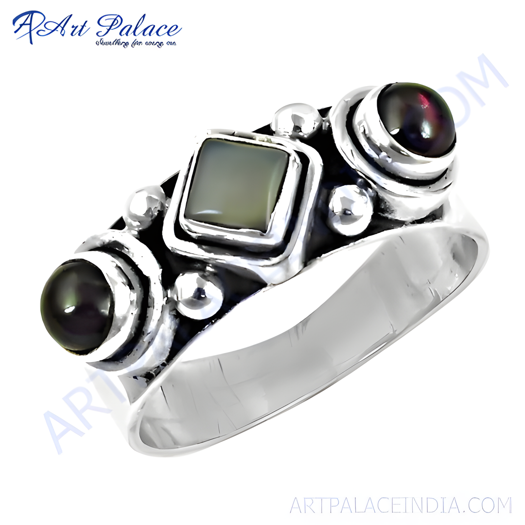 925 sterling silver statement ring with square and round black gemstones