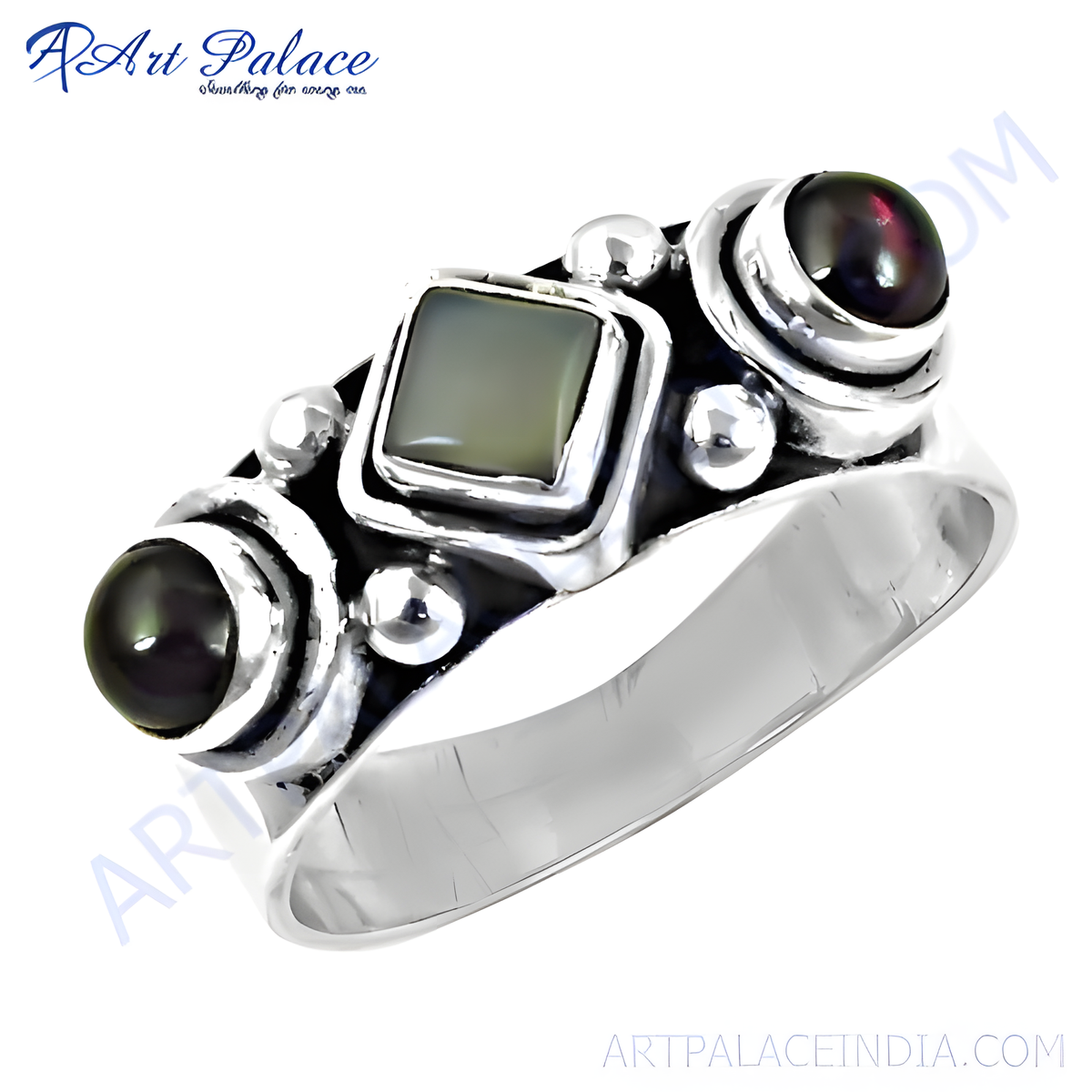 925 sterling silver statement ring with square and round black gemstones