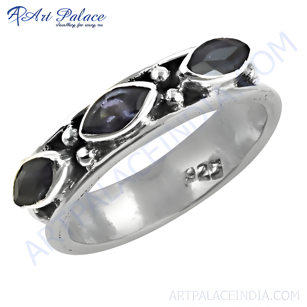 925 sterling silver ring with three black gemstones, showcasing a modern design