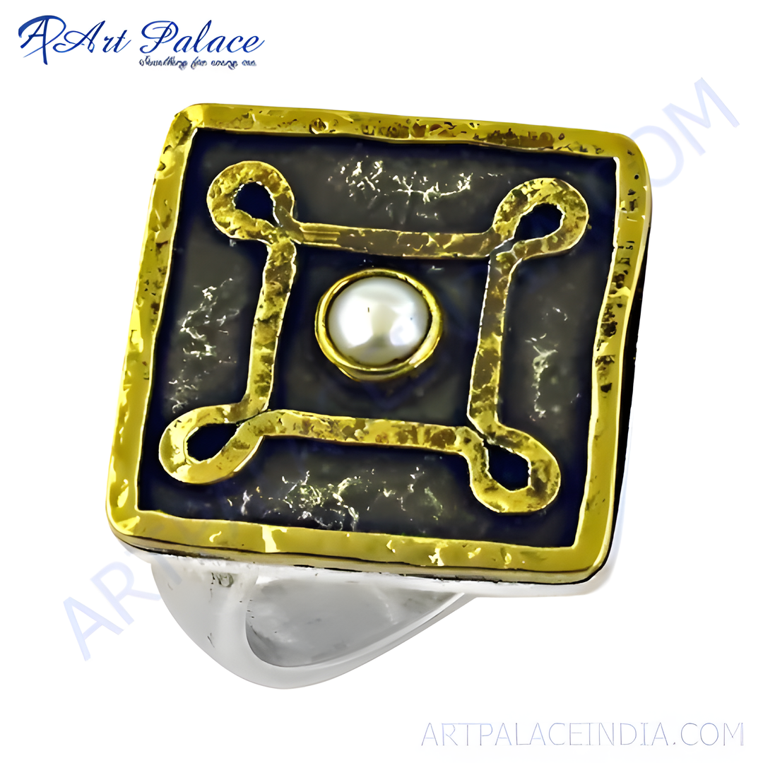 Sterling silver square ring with a gold-tone border and a central white pearl gemstone.