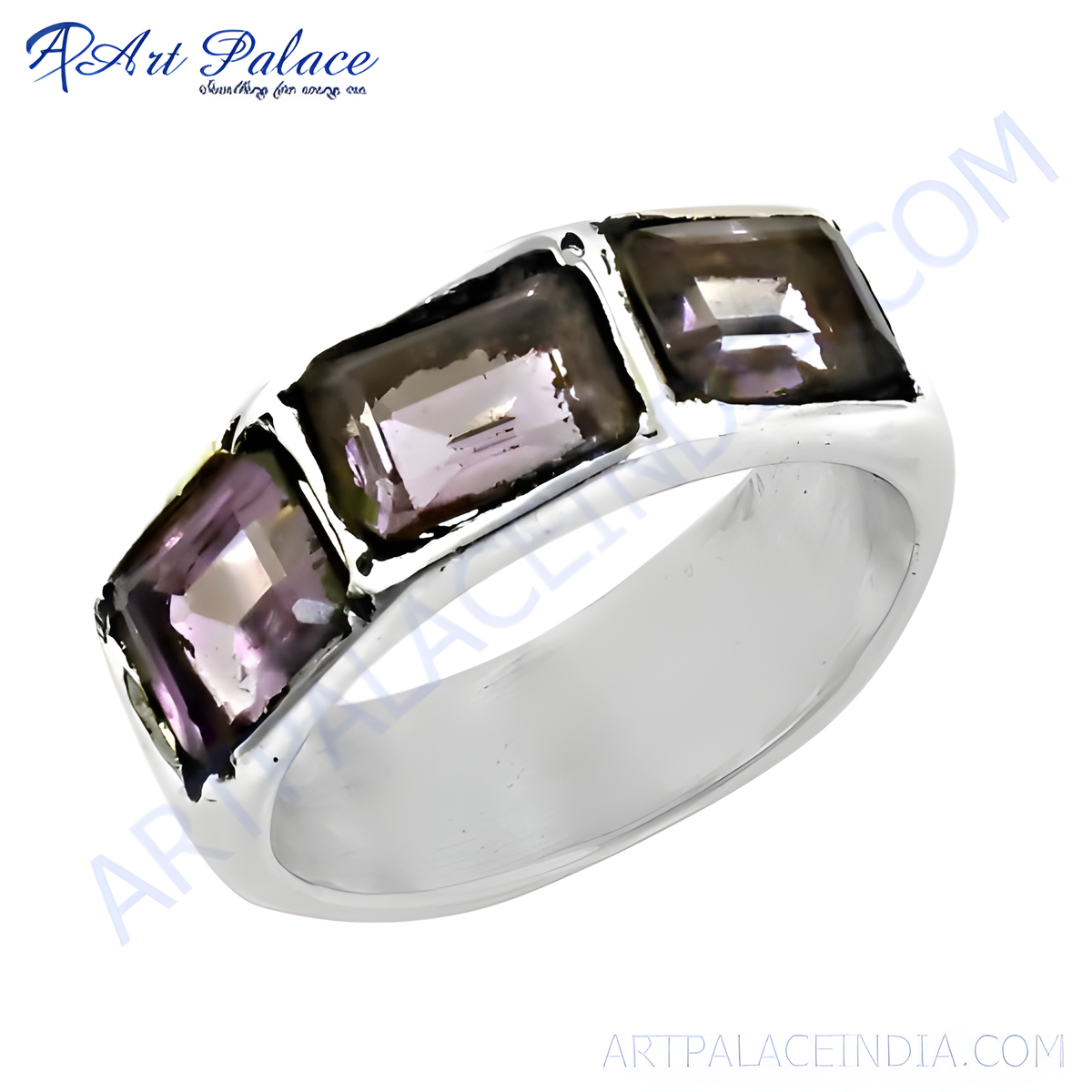 Sterling silver ring with three rectangular amethyst gemstones, purple color, for women