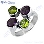 Load image into Gallery viewer, 925 sterling silver ring with peridot and amethyst gemstones, colorful cluster ring
