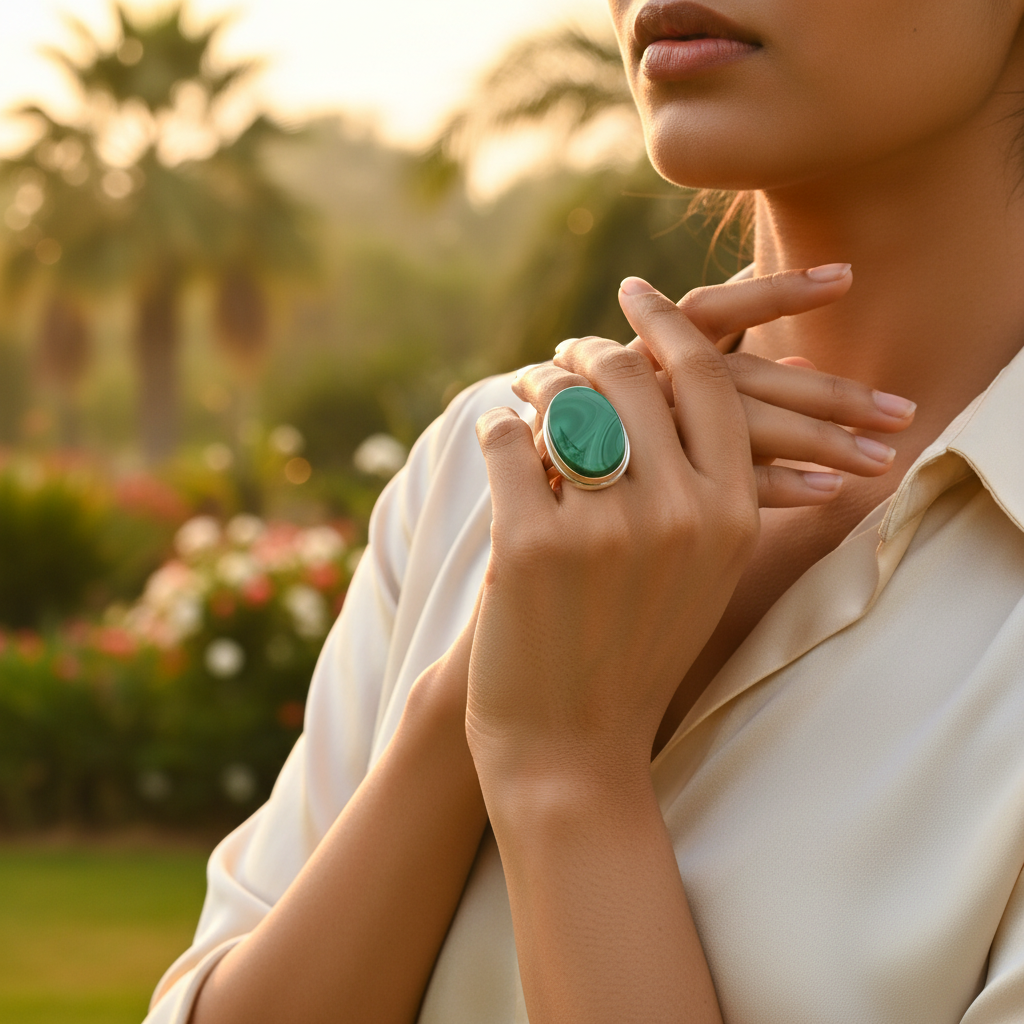 Silver Ring with Green Gemstone | Rectangular Design for Women