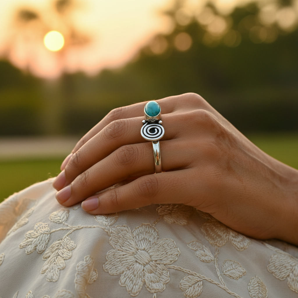 925 Silver Turquoise Stone Ring for Women | Spiral Design
