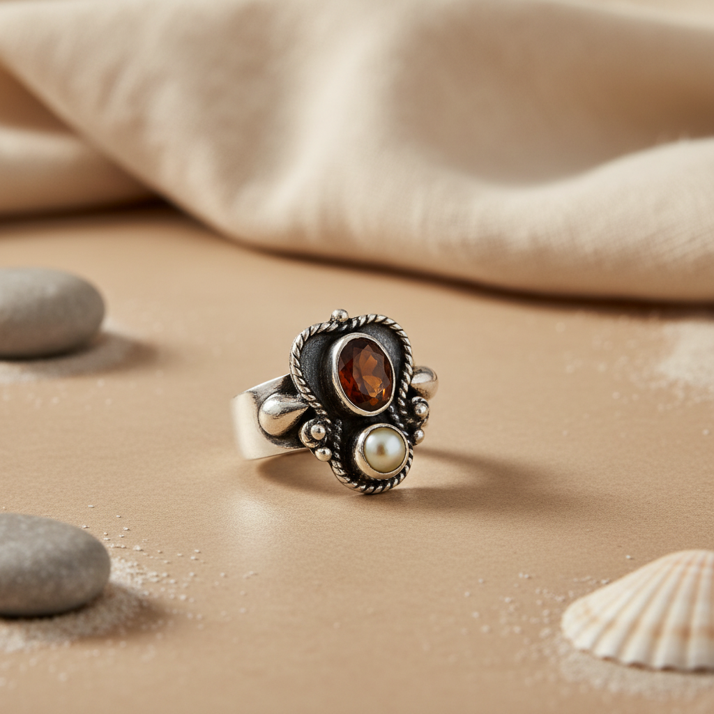 925 Silver Garnet & Pearl Ring for Women | Statement Jewelry