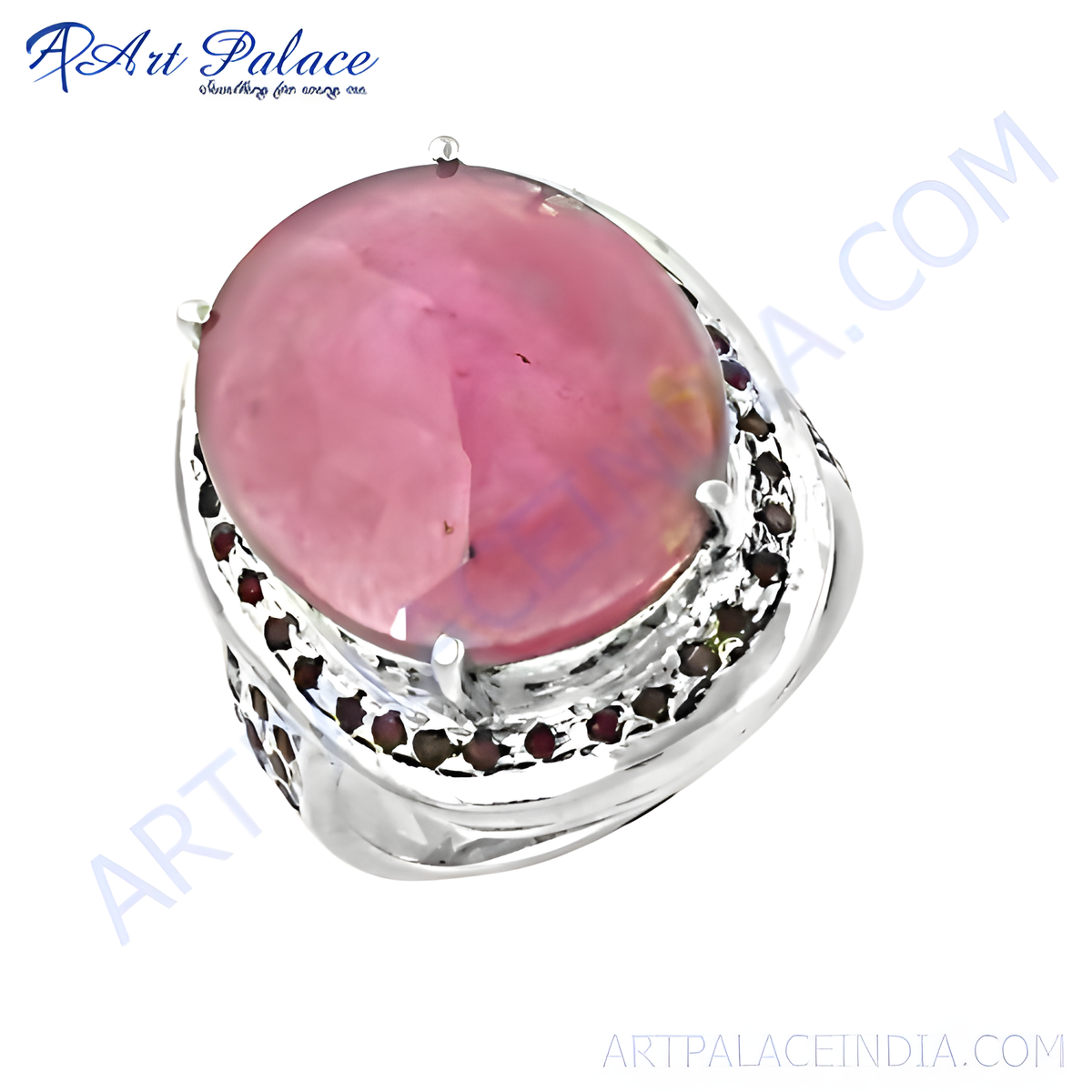 925 sterling silver cocktail ring with large oval pink gemstone and small accent stones