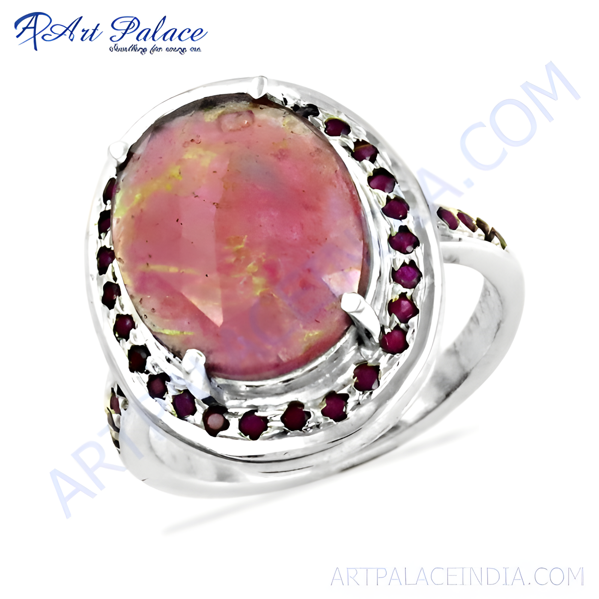 925 sterling silver ring with a pink opal center stone and surrounding rubies