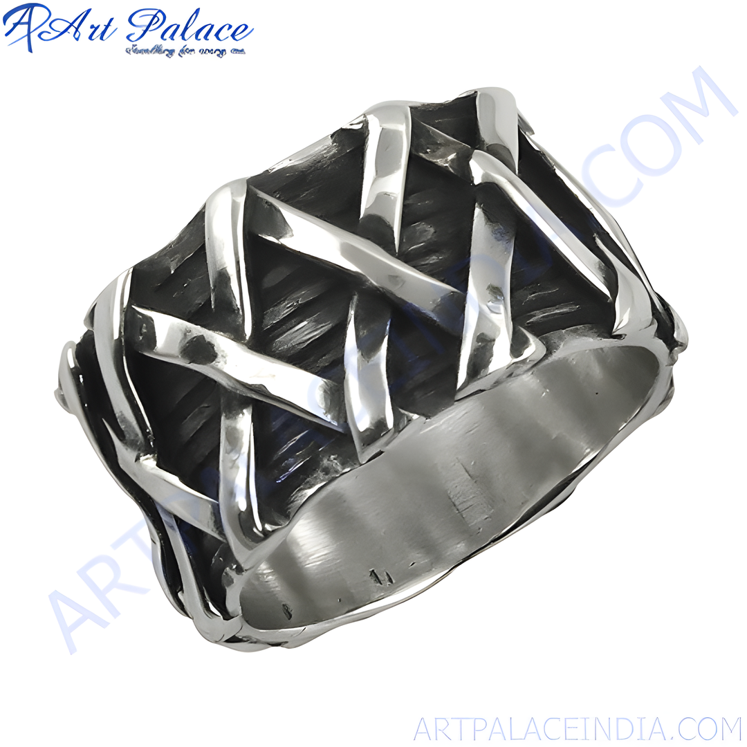 Sterling silver woven statement ring with a unique textured design, perfect for men.