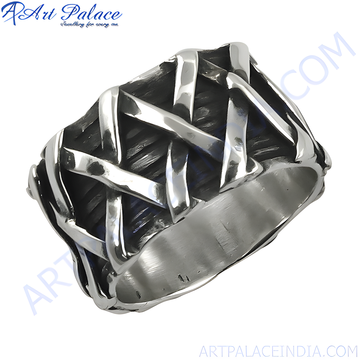 Sterling silver woven statement ring with a unique textured design, perfect for men