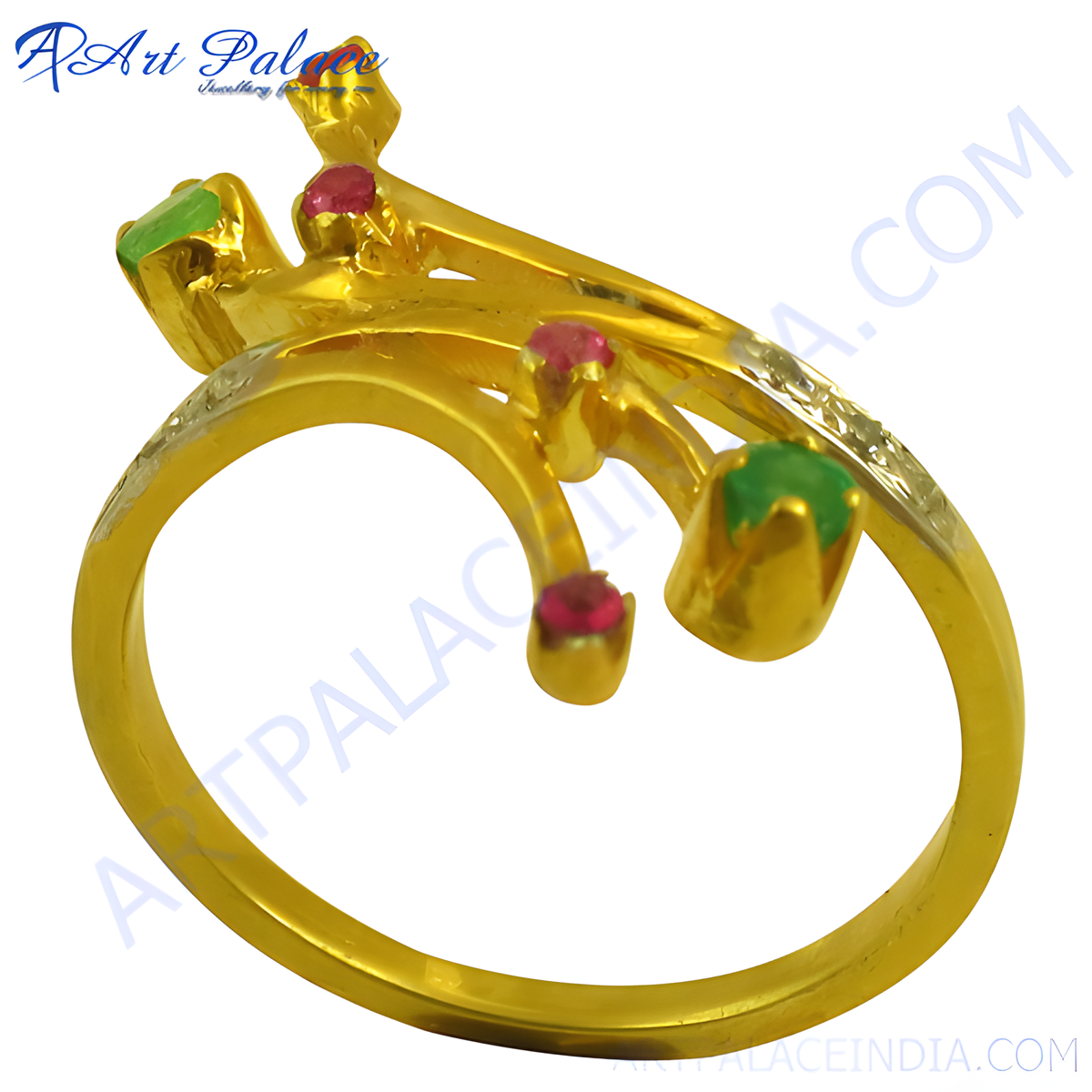 Gold plating ring featuring emerald and ruby gemstones, a stylish ring for women
