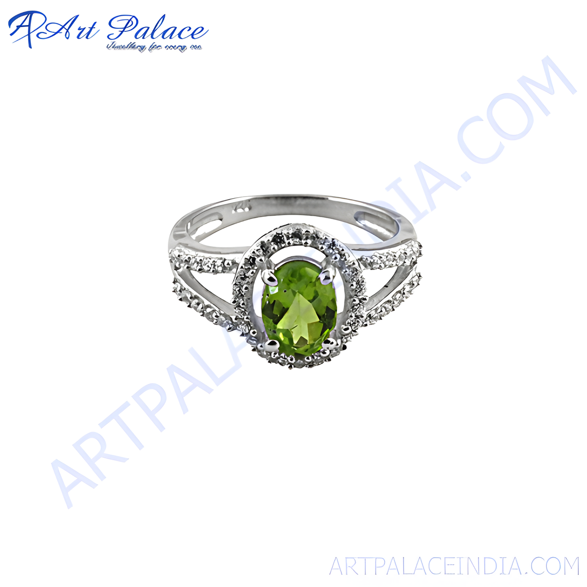 Sterling silver peridot ring with oval green gemstone and white gemstone accents for women