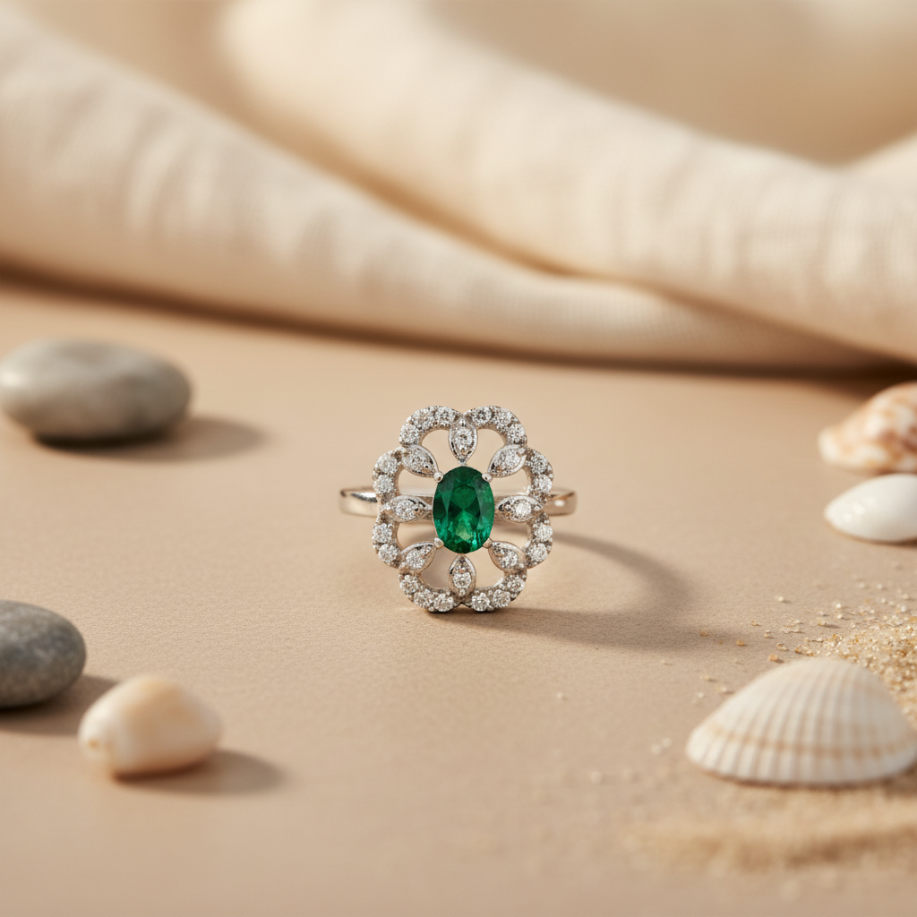 Silver Emerald Ring for Women | Floral Design | Gift
