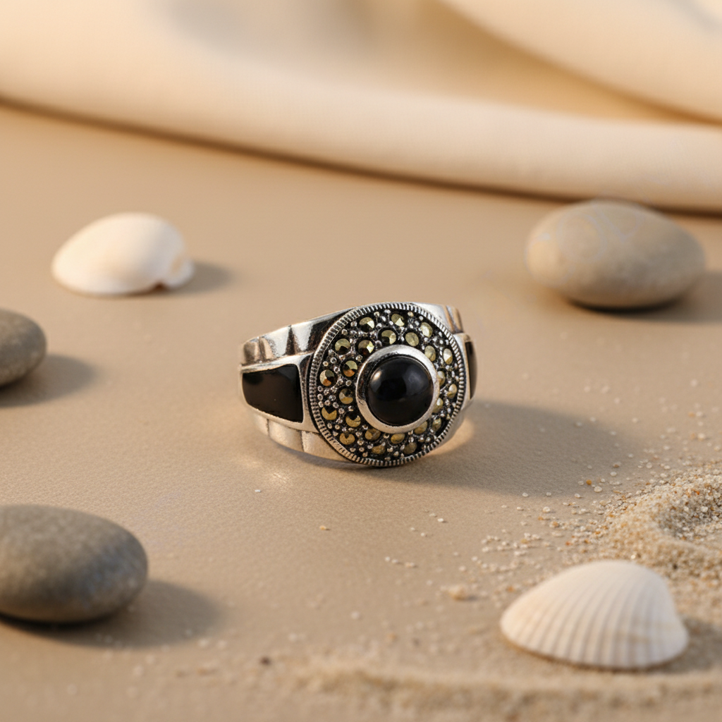 925 Silver Onyx Ring with Marcasite for Men | Classic Jewelry