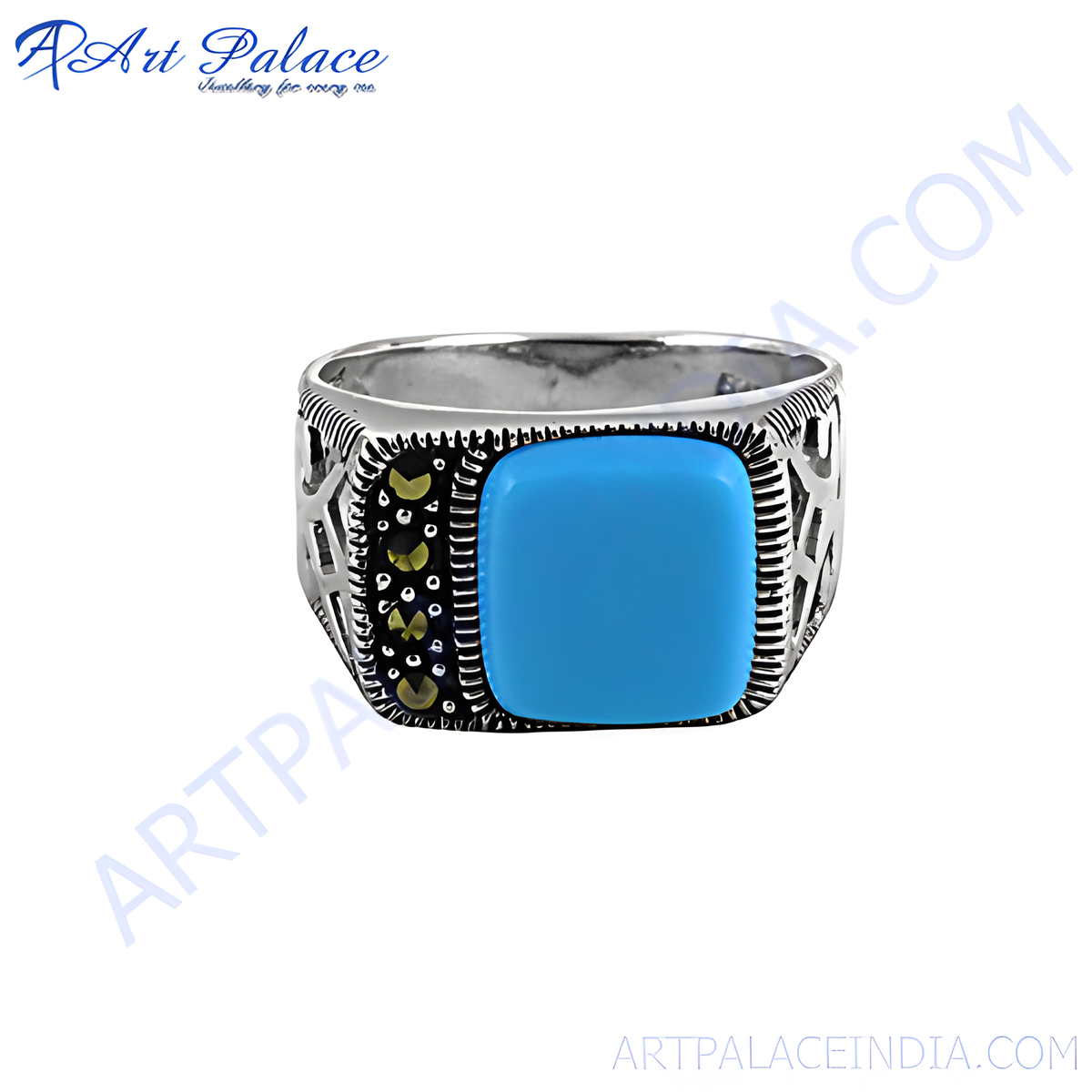Sterling silver signet ring with square turquoise stone center for men