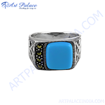 Load image into Gallery viewer, Sterling silver signet ring with square turquoise stone center for men.
