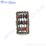 Load image into Gallery viewer, 925 sterling silver rectangular ring with oval-cut garnet gemstones and marcasite detailing
