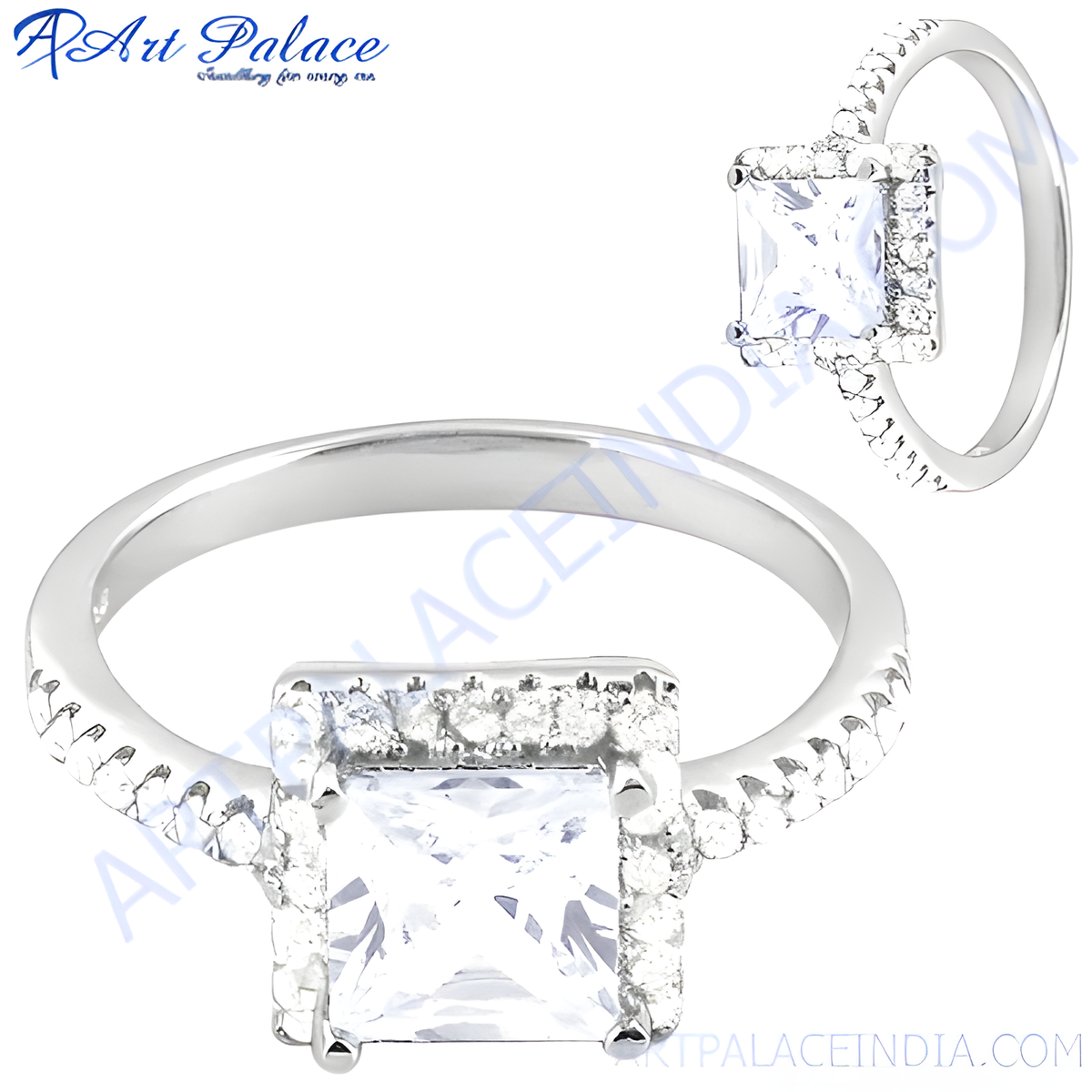 925 sterling silver princess cut ring with white cubic zirconia center stone and halo